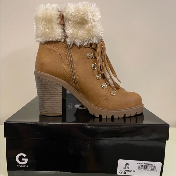 G by Guess Ankle Boots, faux fur tops, stacked 3 inch chunky heel. - Picture 3 of 6
